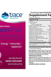 Trace Minerals Electrolyte Stamina Power Pak supplement label, highlighting vitamin C, electrolytes, and dietary benefits.